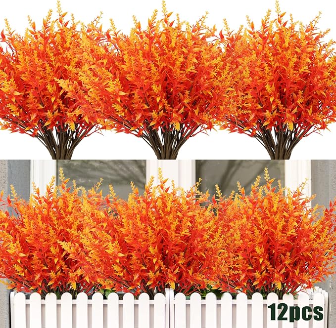 RECUTMS Outdoor Artificial Fall Flowers UV Resistant Fake Boxwood Plants | 12Pack,Autumn Decor,Faux Gold Greenery for Indoor Outside Hanging Plants Garden Porch Window Box Home Wedding Farmhouse Décor