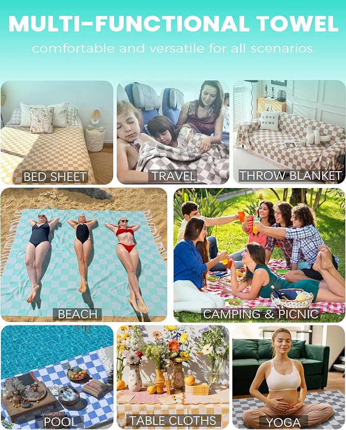 Antfuny Turkish Beach Towels Jumbo Extra Large XL Oversized Thin Sand Free Compact Foldable Outdoor Picnic Airplane Travel Essentials Yard Towel Black