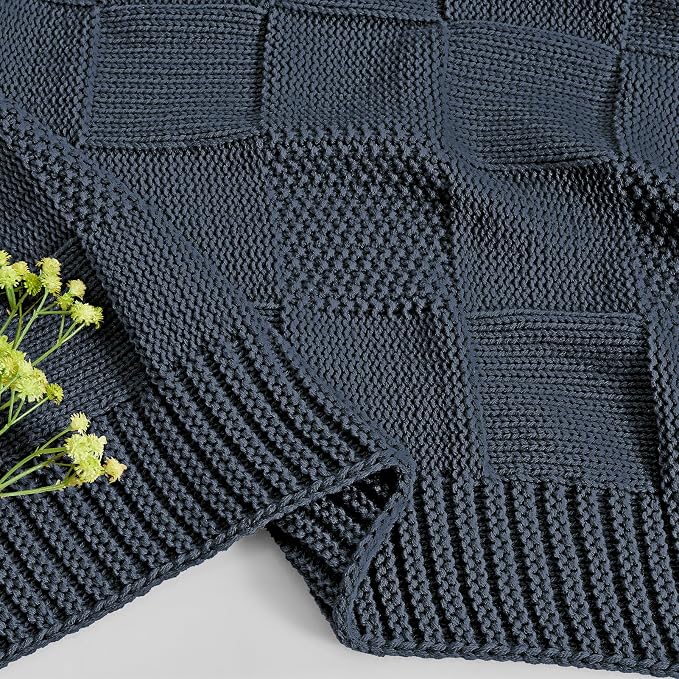CozeCube Navy Blue Knitted Checkered Throw Blanket 60"X80" | Check Knit Throw for Couch, Decorative Christmas Soft Cozy Warm Blanket for Bed Sofa Living Room
