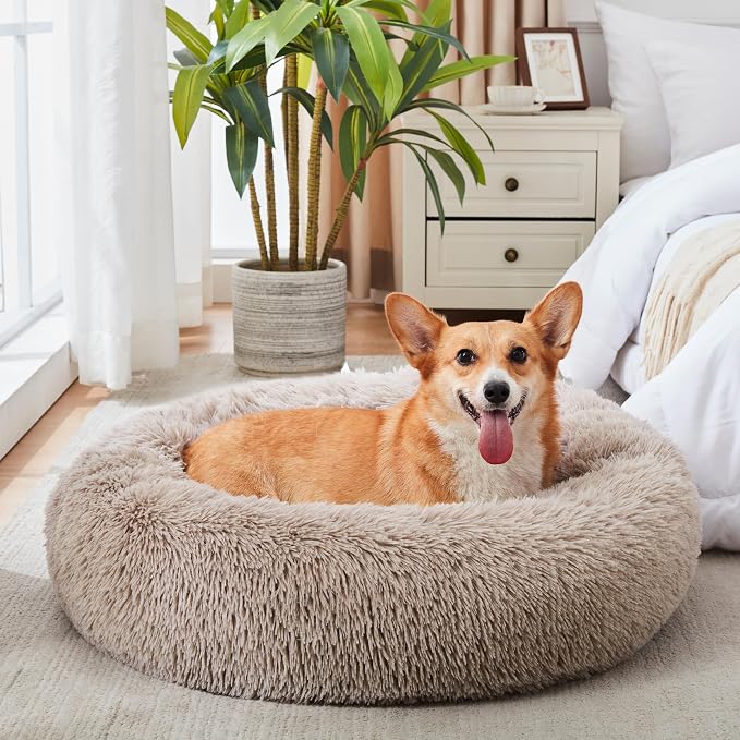 Western Home Calming Donut Medium Dog Bed Washable Pet Bed,30" Brown | Fluffy Faux Fur Round Cuddler,Anti-Anxiety,Anti-Slip Bottom,Plush Pet Dog Beds for Medium Sized Dogs,Up to 45 LBS