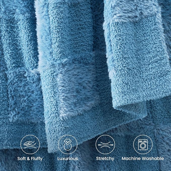 Snuggle Sac Faux Fur Throw Blanket for Couch,Knitted with Microfiber Fancy Yarn Blanket, Cozy Soft Warm Blankets for Sofa, Bedroom, Living Room, Solid Blue,50x60 inches