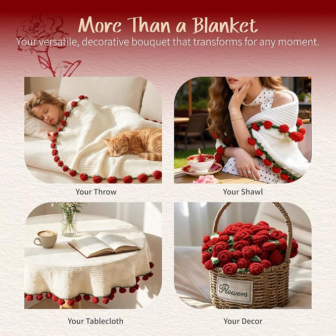 Red Rose Crochet Flower Bouquet Blanket, 43 Inch Throw, 60 Rose Flowers | Gift Bag, Writable Card, Machine Washable, Hand-Crocheted Red Roses, Ready for Romantic Gifts, Birthdays, or Anniversaries.