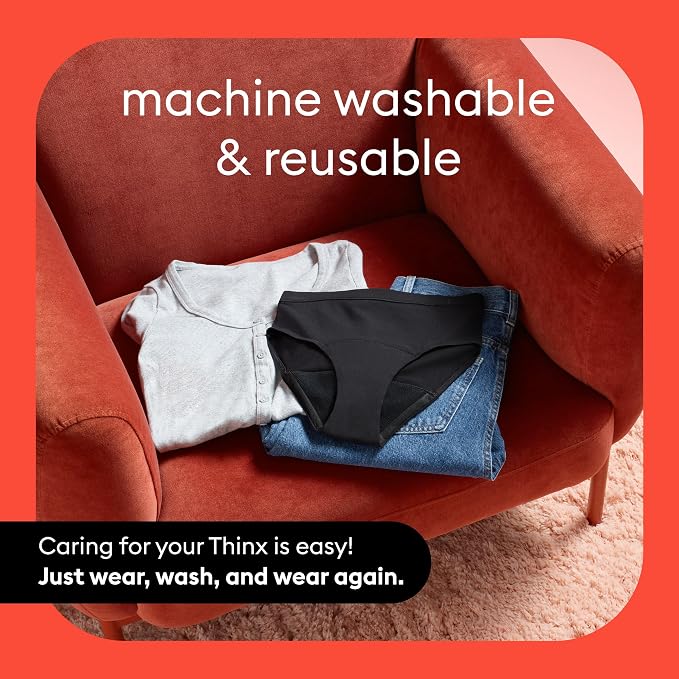 Thinx for All Period Underwear, Everyday Comfort Brief, Holds Up to 12 Regular Tampons*, Period Panties, Leakproof, Reusable & Controls Odor, Black, 2 Pack, XL