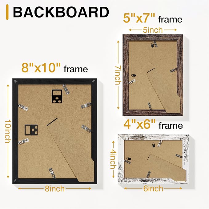 Vittanly 15 Pack Gallery Wall Frame Set, Black, Brown, Distressed White | Picture Frames Collage Wall Decor: 3pcs 8x10, 6pcs 5x7, 6pcs 4x6. Picture Frame Set for Wall or Tabletop Display