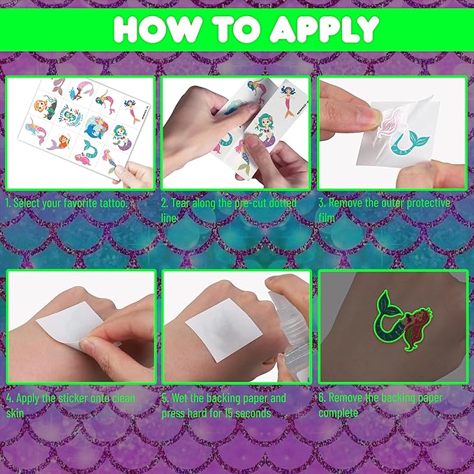 96 PCS Mermaid Ocean Sea Pre-Cut Luminous Glow in the dark Temporary Tattoos for Kids | Super Cute Themed Birthday Party Favors Supplies Decorations, Fake Tattoo Stickers Gifts for Boys Girls Rewards