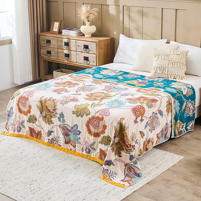 XIBLC Boho Throw Blanket 100% Cotton Vintage Blanket Muslin Woven Flower Decorative Throw Blankets All Season Bohemian Rustic Farmhouse Decor Quilt for Bed (Beige 80"x90")