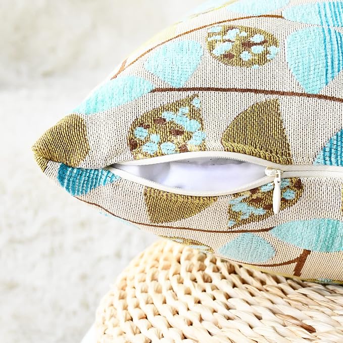 CaliTime Decorative Throw Pillow Covers 20 X 20 Inches Ecru Teal | Luxury Chenille Cute Leaves Cushion Case Shell for Couch Sofa Bed Living Room Home