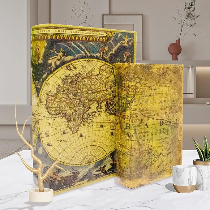 Decorative Book Box Set of 2, Trinket Keepsake Storage Boxes Book | Shaped Storage Box Vintage Style Decorative Faux Books Boxes Globe Antique Books for Home Decoration Old World Map Pattern
