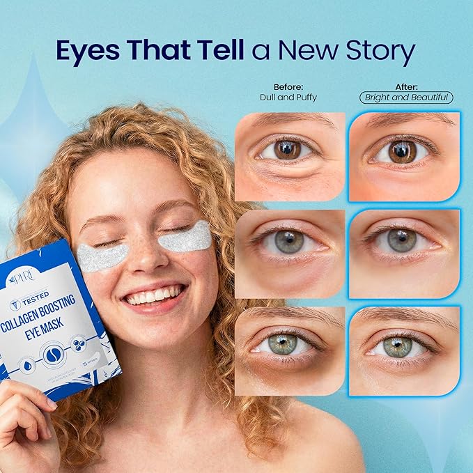 LA PURE Collagen Boosting Eye Mask Patches Under Eye Patches for Puffy Eyes Hyaluronic Acid Dark Circles Bags Lines Anti Wrinkles Anti Aging Hydrating Moisturizing Brightening Eye Gels 15ct