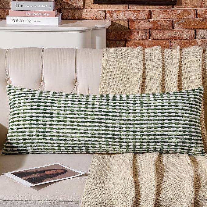 Boho Chenille Pillow Cover Decorative Tufted Pillowcase for Couch Bed Sofa Bedroom Living Room Modern 14 x 36-Inch Sage Green