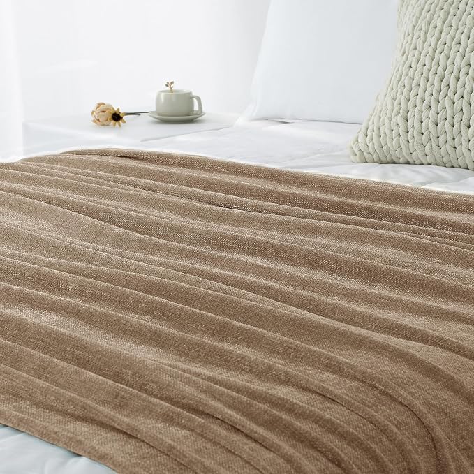 Chenille Throw Blanket for Couch 50" x 60", Taupe | Soft Cozy Warm Throws with Fringe Tassel, for Living Room Bed Sofa Chair Cover, Lightweight Knitted Decorative Boho Blankets