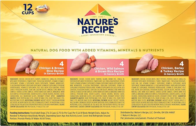Nature's Recipe Chicken, Salmon and Turkey Recipes Variety Pack Wet Dog Food, 12-2.75 oz. Cups, 2 Count (Pack of 2)