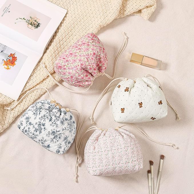 Cotton Quilted Drawstring Makeup Bag with Canvas Lining,Coquette Aesthetic Cute Travel Toiletry Bag,Drawstring Gift Bag for Women and Girls(15Dot Bear)