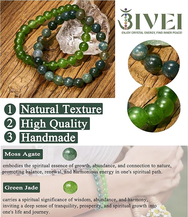 Bivei Natural Gemstone Semi Precious Healing Crystals Handmade Stretchy Round Beads Bracelet,Stocking Stuffers for Women Enhance Positive Energy