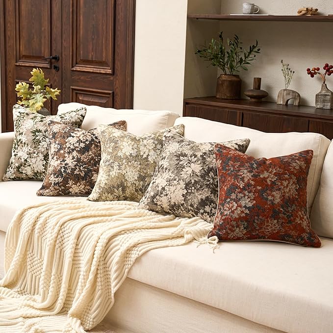 Neutral Floral Pillow Cover 18 x18 Inches, Vintage Chenille Square Throw Pillow Cover Soft Decorative Farmhouse Accent Couch Pillow Cover for Living Room Bedroom, Coffee Brown