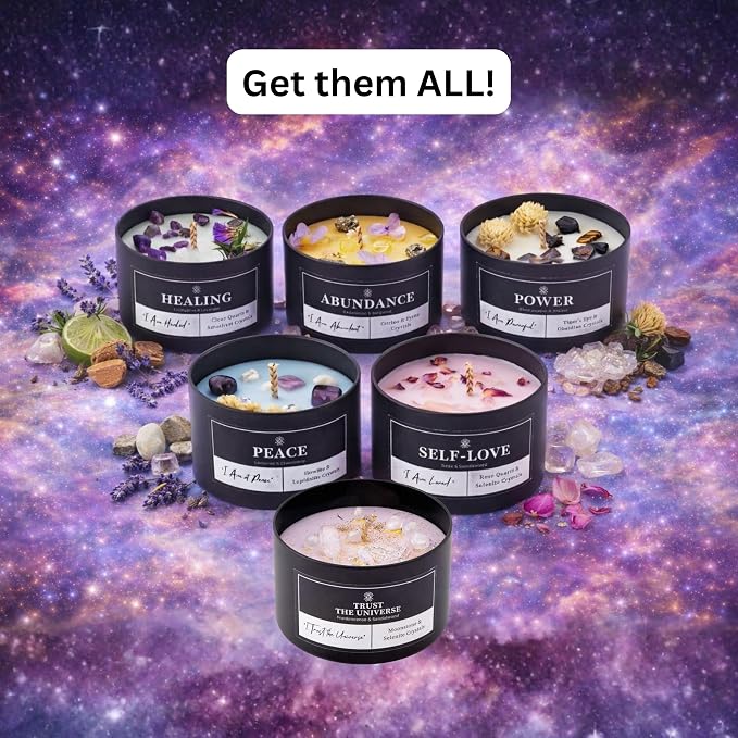 Power Crystal Candle for Meditation, 8oz Scented Candles with Tigers Eye and Obsidian Healing Crystals, Black Pepper Vetiver Aroma for Good Fortune, Spiritual Room Decor Great Gift for Women and Men