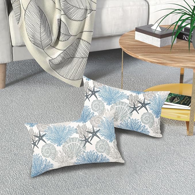 Coastal Starfish Seashell Coral Lumbar Pillow Covers 12X20 Inch Set of 2 Summer Nautical Beach Decorative Pillow Cases Sea Ocean Cotton Linen Cushion Case Farmhouse Home Decor For Sofa Couch Bed Room