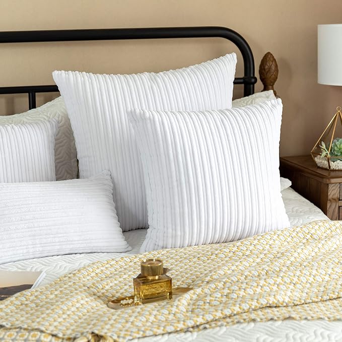 UGASA Pack of 2, Velvet Pillow Covers Striped, Decorative Throw Cushion Case with Hidden Zipper for Home Couch/Bedroom/Car, Soft Cozy Solid Square (18"x18", Pure White)