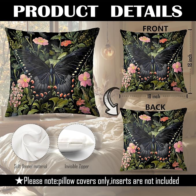 William Morris Inspired Butterfly and Beetle Pillow Covers 18x18 Set of 2, Dark Cottagecore Wildflower Botanical Insect Moth Decorative Throw Pillow Covers for Home Bedroom Living Room