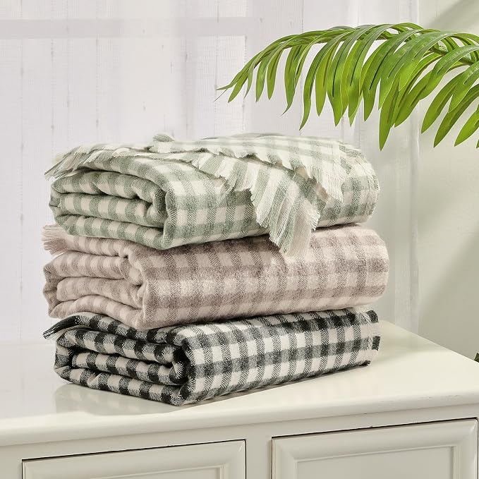 CREVENT Farmhouse Boho Knitted Throw Blanket for Couch Sofa Chair Bed Home Decoration, Soft Warm Cozy Light Weight for Spring Summer Fall (50''X60'' Plaid Green)