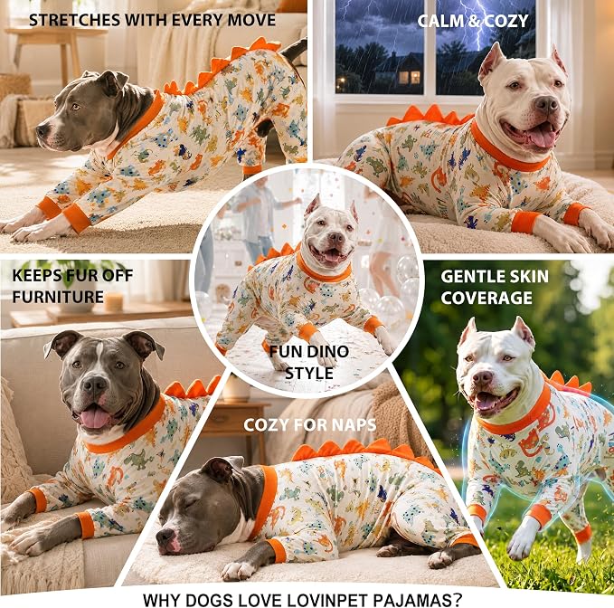 LovinPet Dog Pjs Large Breed, Anti Licking, Recovery Wear, Lightweight Jurassic Knit, UV for Medium Dogs/Medium