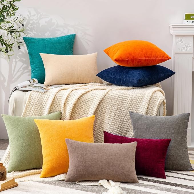 GAWAMAY Decorative Chenille Throw Pillow Covers 24x24 Inch Pack of 2, Soft Square Couch Pillow Cover for Sofa Cushion Living Room Bedroom Solid Dyed Pillowcases Mustard Yellow 60x60cm (ONLY Covers)