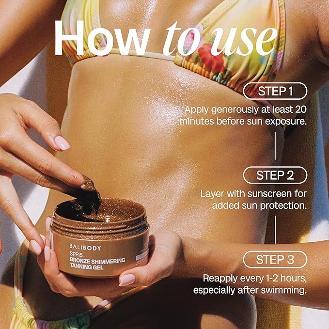 Bali Body Bronze Shimmering Tanning Gel SPF 15 โ Sun-Kissed Glow with Coconut Scent, Carrot Root & Vitamin E โ Organic Bronzer & Shimmer Sunscreen for Quick Tan, Hydration & Even Skin Tone