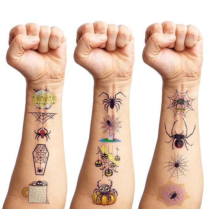 96 PCS Cute Funny Halloween Spider Pre-cut Temporary Tattoos Sticker Birthday Decorations Spider Web Bat Boo Day Festival Black Carnival Themed Party Favors Supplies Cute Boy Girl Adult Gifts