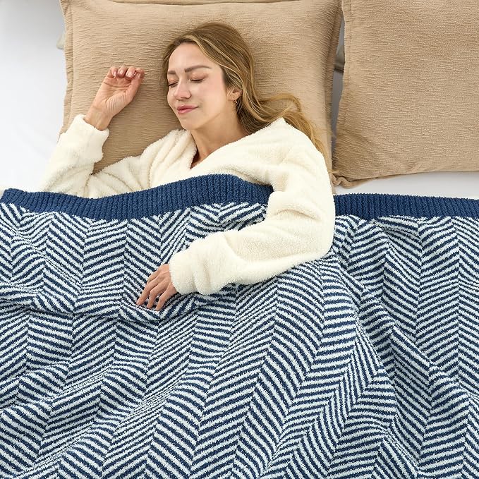 Snuggle Sac Herringbone Throw Blanket for Couch, Reversible Super Soft Warm Chervon Blankets, Cozy Knit Fuzzy Plush Lightweight Stripe Throws for Sofa, Bed, Camping, Navy, 50x60 inches