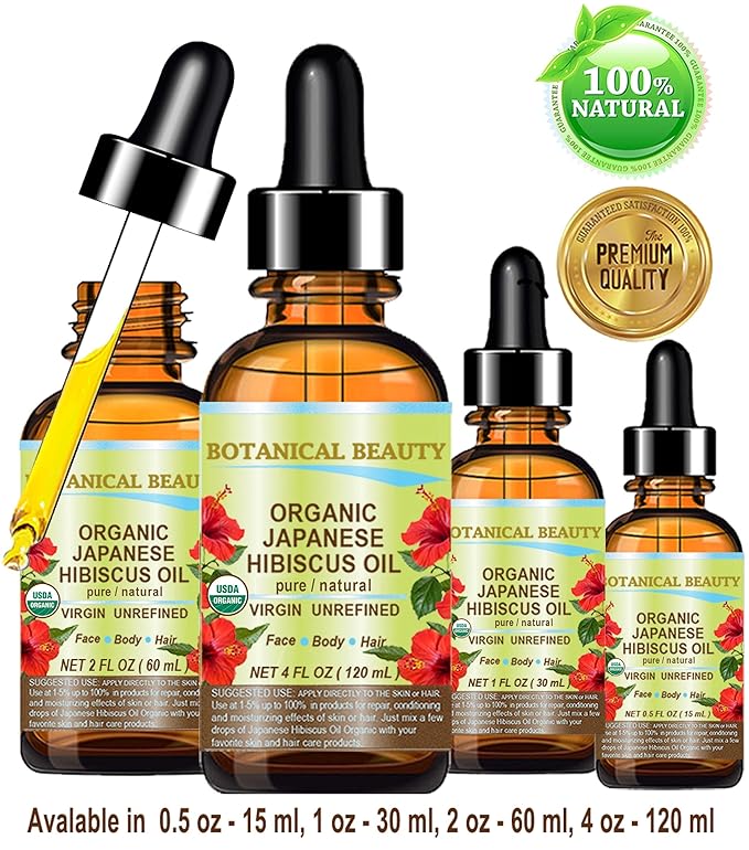 Botanical Beauty Organic HIBISCUS OIL (Hibiscus Sabdariffa) JAPANESE 100 Pure Natural VIRGIN UNREFINED COLD PRESSED Anti Aging, Vitamin E Oil for FACE, SKIN, HAIR GROWTH (1 Fl Oz)