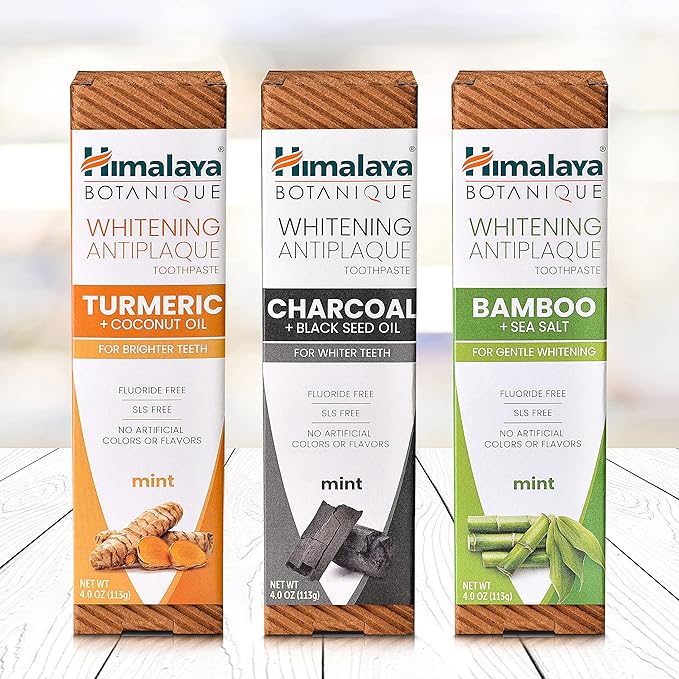 Himalaya Botanique Whitening Antiplaque Toothpaste with Bamboo + Sea Salt, Fluoride Free, for Gentle Whitening, 4 oz, 2 Pack