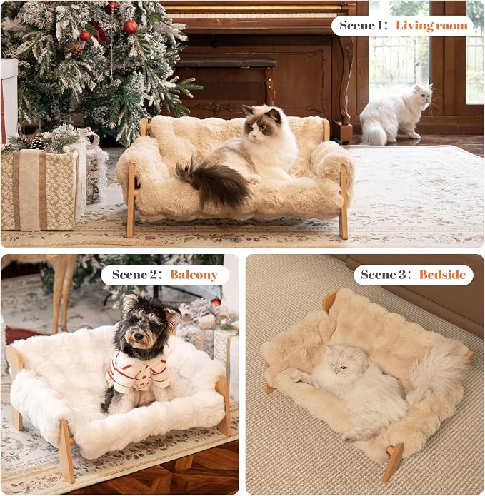 Elevated Cat Couch Bed Wooden Raised Kitty Sofa Lounge Chair | Washable Fluffy Cover Wooden Elevated Pet Furniture for Indoor Cats and Puppy(White)