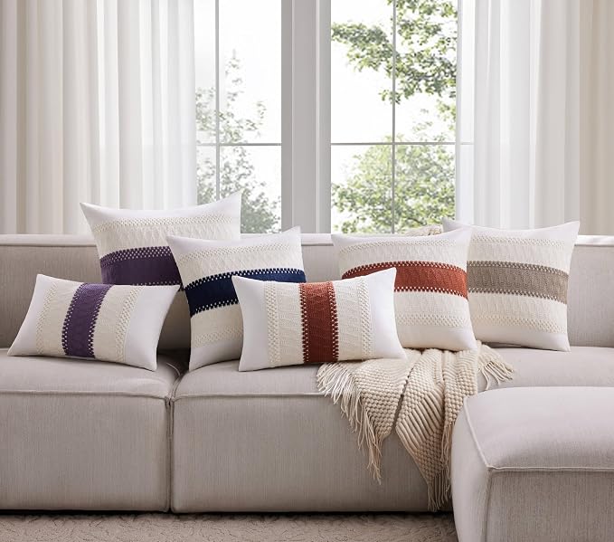 2pk Boho Pillow Covers 22x22, Natural White/Contrast/Cocoa Brown | 100% Organic Cotton Body, Stripe Embroidery, Farmhouse Decorative Cushion Covers for Sofa Bed Living Room Home Decor