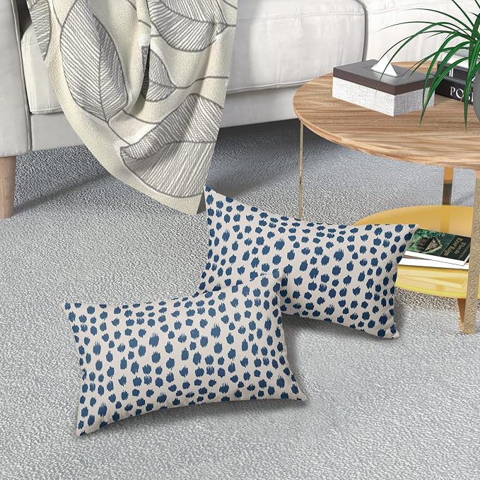 Light Blue Cream Pillow Covers 12x20 Set of 2 Boho Design Polka Dot Throw Pillows Modern Brush Strokes Print Decorative Outdoor Pillowcase Lumbar Cushion Cover Linen Pillow Case for Sofa Couch Bed