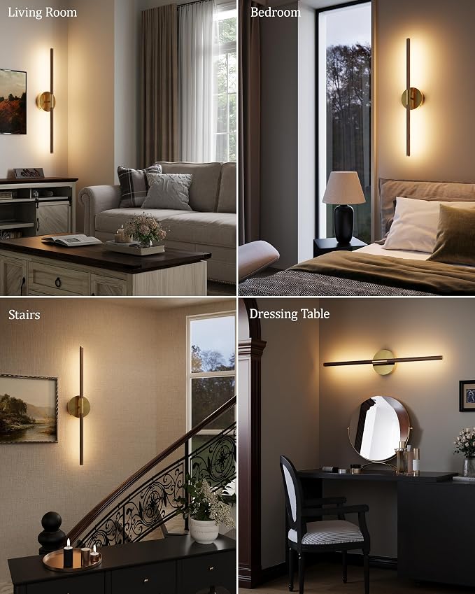 24" Battery Operated Wall Sconce Set of 2, 350° Rotating Lamp, Walnut Gold | Wireless, 8000mAh Rechargeable Battery, Stepless Dimming, 3000K-6000K, Remote & Touch Control, Timer, Living Room, Bedroom