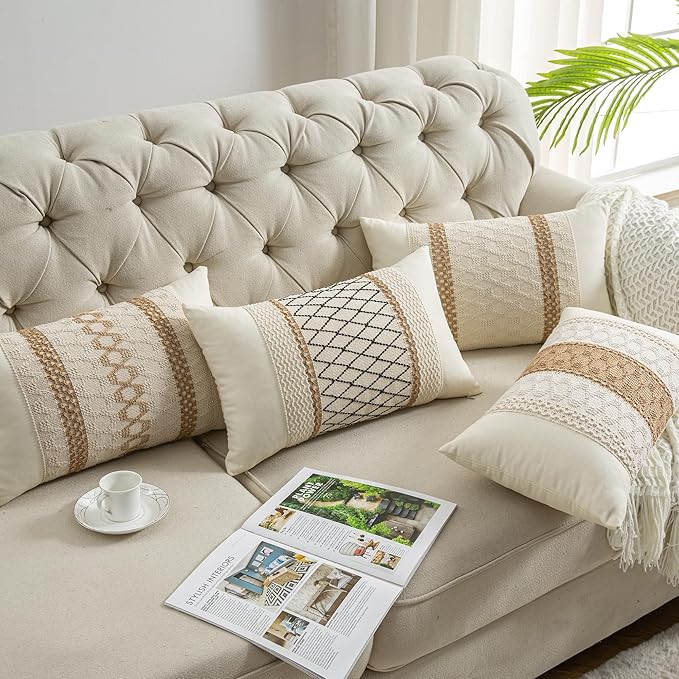 Lumbar Throw Pillow Covers Set of 1 (Beige & Brown, 12x20 Inch) | Linen Cotton Soft Cozy, Decorative Sofa Couch Pillow Cases, Textured Woven Single Striped, Boho Sytle for Living Room