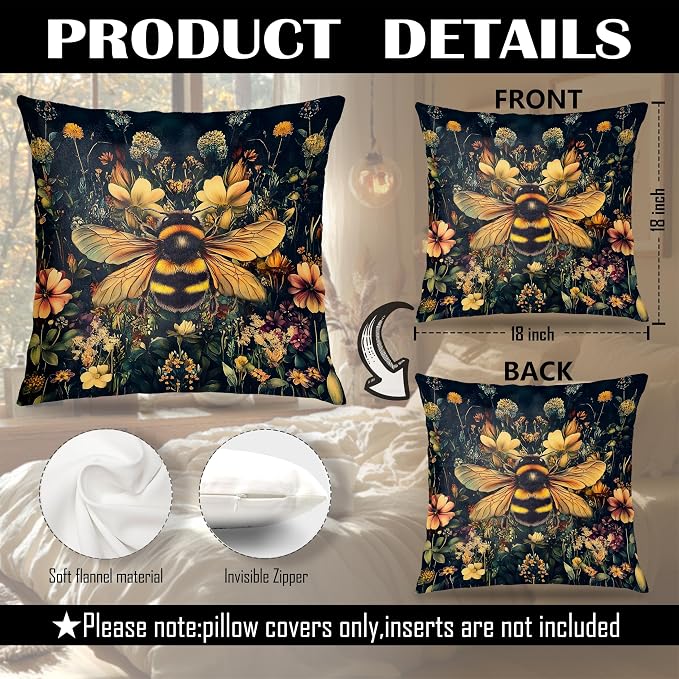 Vintage Moody Floral Bumblebee Pillow Covers 18x18, Moody Dark Cottagecore Botanical Wildflower Bee Decorative Throw Pillow Covers for Home Bedroom Living Room, Bee Decorations for Home