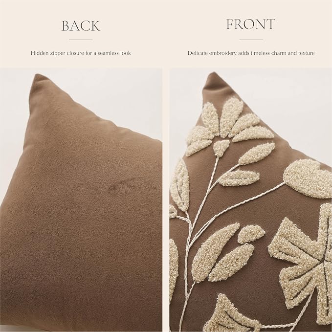20x20 Throw Pillow Cover, Square Brown Decorative Cushion Cover for Couch Sofa, Embroidered Velvet Farmhouse Accent Pillowcase (Cover Only)