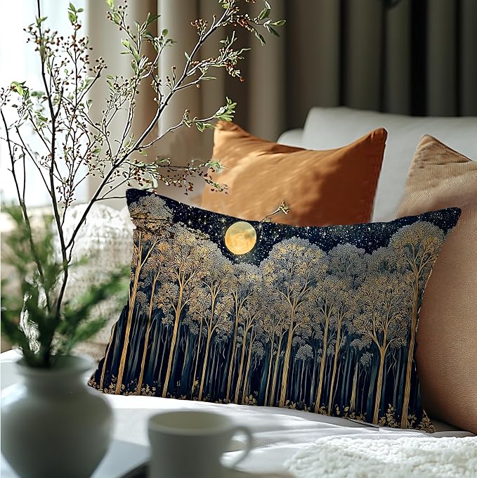 Rustic Dark William Morris Night Forest Moon Decor Pillow Covers 20x12,Vintage Gold Botanical Nature Landscape Decorative Throw Pillow Covers for Home Bedroom Living Room