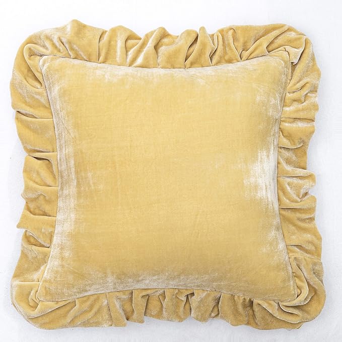 GLORY SEASON Velvet Throw Pillow Cover Soft Decorative Luxurious Solid Square Cushion Case for Sofa Couch Bedroom Farmhouse,Pack of 2, 18 x 18 Inches, Butter Yellow