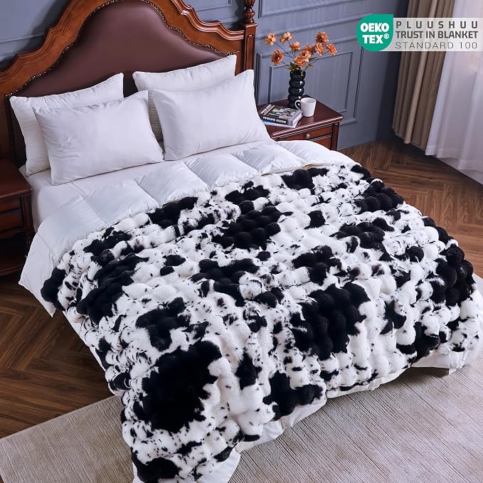 Faux Fur Throw Blanket for Couch, Fluffy Fuzzy Plush Bubble Blanket, Soft Warm Cozy Shaggy Rabbit Blanket, Luxury Decorative Gifts for Sofa Bedroom Living Room, 60x50inch (Cow Print-Black)