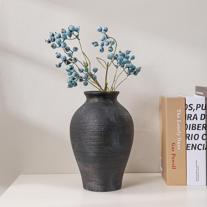 Ceramic Flower Vase Home Decor, 9 in Farmhouse Table Vases Rustic Vintage Living Room Kitchen Bedroom Pottery Decorative Vases for Flowers House Shelf Office Coffee Desk Dining Entryway, Black Gold