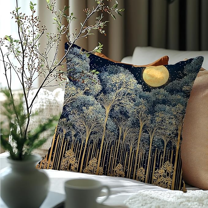 Rustic William Morris Night Forest Green Moon Decor Pillow Covers 18x18,Vintage Botanical Nature Landscape Decorative Throw Pillow Covers for Home Bedroom Living Room