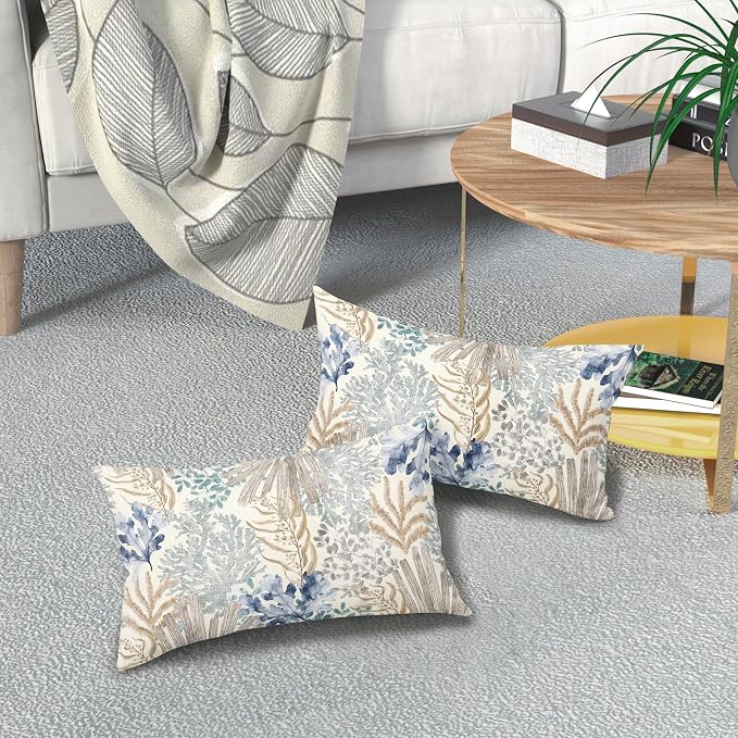 Nautical Coastal Coral Lumbar Pillow Covers 12x20 Inch Set of 2 Summer Ocean Beach Themed Decorative Pillow Cases Outdoor Linen Square Cushion Cover Farmhouse Decor for Bedroom Home Sofa Couch Bed