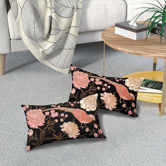Flowers Birds Leaf Lumbar Pillow Covers 12X20 Inch Set of 2 Pink White Roses Floral Decorative Pillow Cases Art Black Gold Cotton Linen Cushion Case Vintage Home Decor for Sofa Couch Porch Outdoor