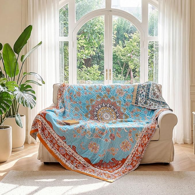 LUTBM Boho Throw Blanket for Bed 60"x80", All Season Cotton Couch Blankets | Reversible Vintage Floral Jacquard, All-Season Twin Lightweight Breathable Quilt, For Chair Sofa Bedroom Living Room Decor