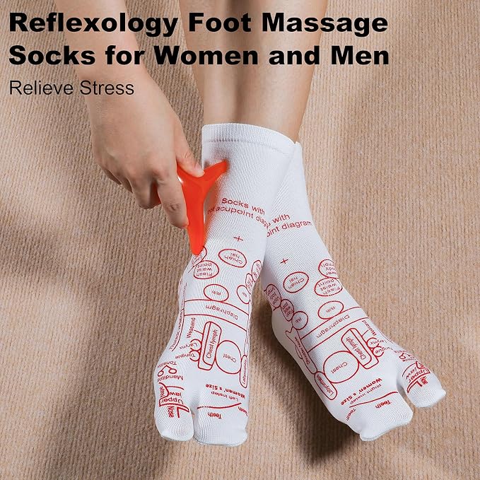 Reflexology Socks with Beginner Acupoint Massage Tools Set of 5 - Foot Pain Relief Remedy for Foot Massage Rod for Women and Men Tired Relieve (Woman-Small-Red)