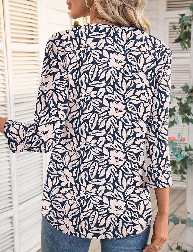 LOMON 3/4 Length Sleeve Womens Tops Spring Summer Fashion 2026 Tops Crew Neck Pleated Shirts Tunic Top Loose Fit
