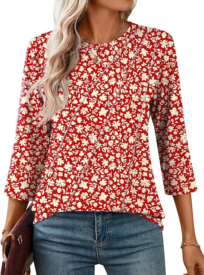 LOMON 3/4 Length Sleeve Womens Tops Spring Summer Fashion 2026 Tops Crew Neck Pleated Shirts Tunic Top Loose Fit