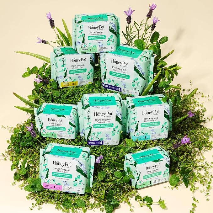 The Honey Pot Company - Herbal Sanitary Pads for Women - Heavy Flow w/Wings - Infused w/Essential Oils for Cooling Effect & Organic Cotton Cover - Feminine Care - 16 ct